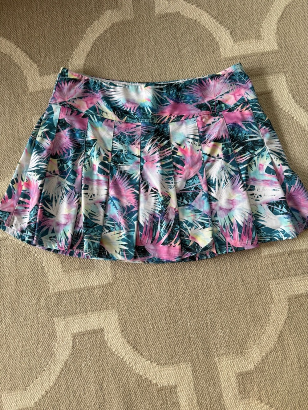 EleVen by Venus Williams Tropical Pleated Skater Skirt - Pink, Teal, White clean